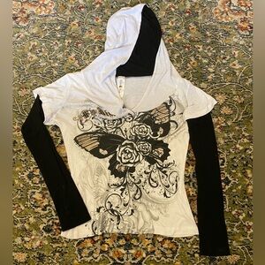 Butterfly Affliction style Print Hooded long sleeve- Black and White